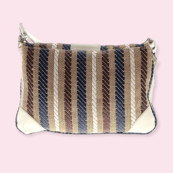Baguette Satchel Striped Neutral Crossbody or Shoulder Canvas & Leather Handbag - Picture 5 of 11